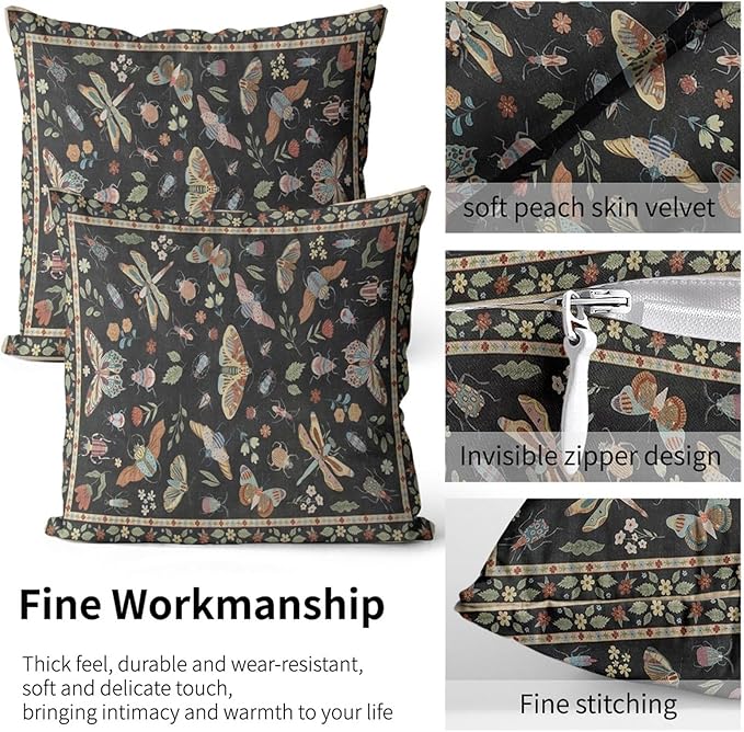 Boho Throw Pillow Covers 18x18 Inch Moody Floral Butterfly Throw Pillow Covers for Couch Vintage Black Decorative Pillowcases Rustic Botanical Insect Farmhouse Sofa Cushion Cover Sets of 2