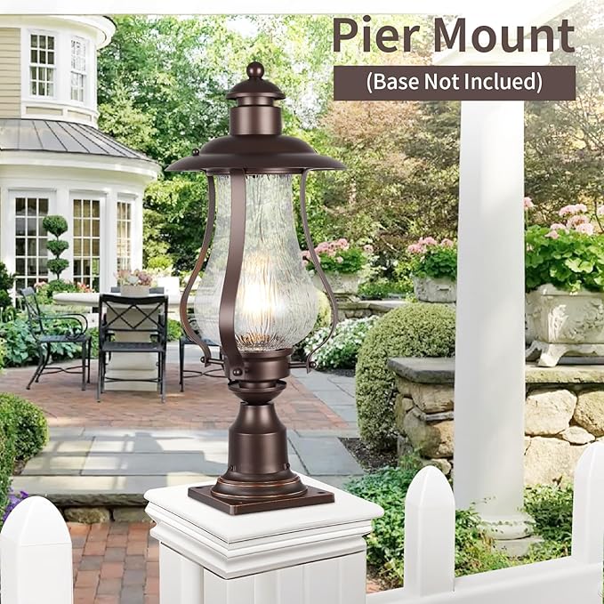 Treekee Outdoor Post Light Fixture, Vintage Brown Pole Lantern with Wood Grain Glass, Farmhouse Exterior Post Lamp with E26 Socket for Garden, Pathway, Patio, Porch, Courtyard, Driveway, Street
