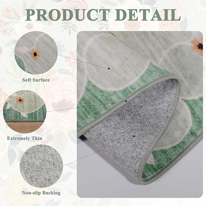 DUKINO 4x6 Area Rug, Floral Rugs for Living Room, Lightweight Non Slip Washable Rug, Indoor Low Pile & Non-Shedding Boho Design Rugs for Bedroom, Living Room, Dining Room, Green