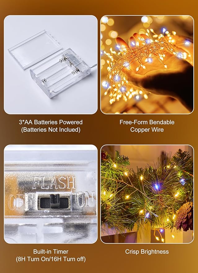 Twinkle Lights Battery Operated with Timer, 6Pack Total 720LED 60FT Battery Operated Christmas Lights, Waterproof Starry Firefly Light for DIY Wreath Indoor Outdoor Christmas Decorations