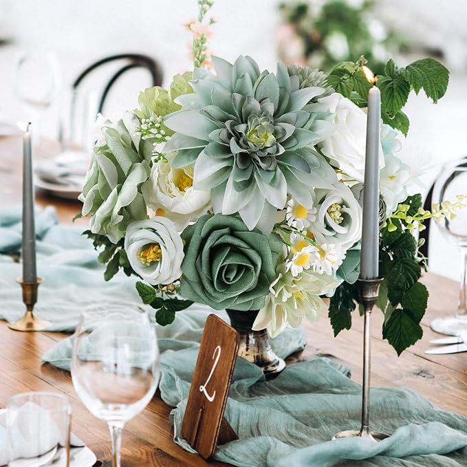 AmyHomie Forest Sage Green White Artificial Flowers Combo Silk Rose Fake Flowers w/Stem for DIY Wedding Bouquets Centerpieces Arrangements Table Decor Party Bridal Baby Shower Christmas Decorations