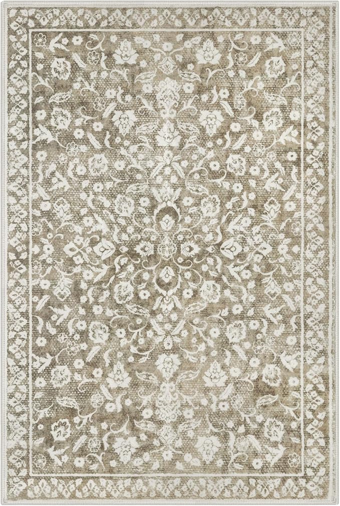 Vintage 3x5 Washable Rug for Entryway, Super Soft Beige Taupe Entryway Rug Non-Slip, Printed Faux Wool Floral Neutral 3x5 Area Rug Thin Floor Carpet for Kitchen, Bedroom, Office, Living Room