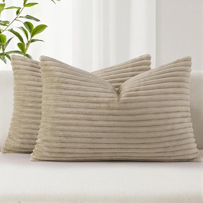 Simmore Decorative Christmas Throw Pillow Covers 12x20 Set of 2, Soft Natural Plush Flannel Double-Sided Fluffy Lumbar Pillow Covers for Couch Sofa Living Room, Khaki