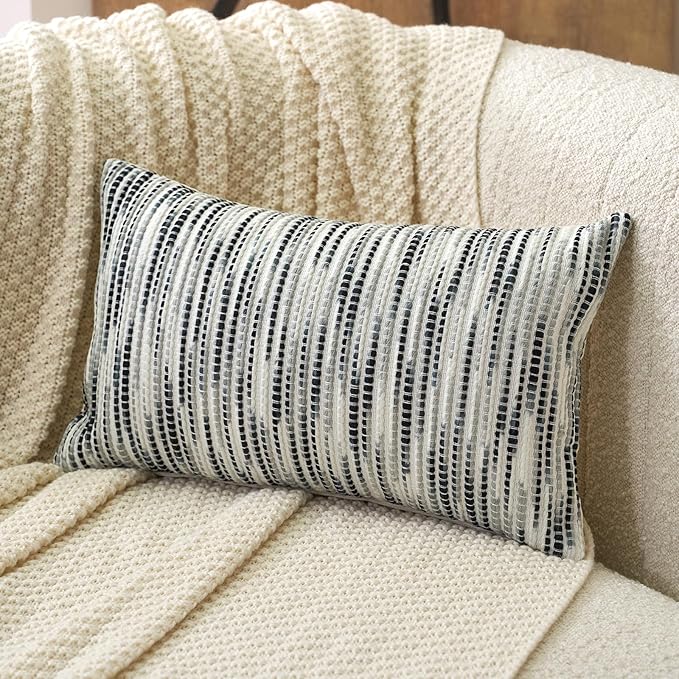 Aeckself Boho Striped Pillow Cover 12x20, Rectangle Decorative Lumbar Throw Pillow Cover Chenille Neutral Pillowcase for Couch Bedroom Living Room, Black Gray