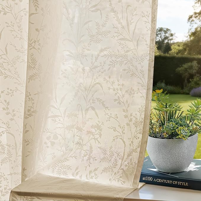 Anmao Taupe Semi Sheer Light Filtering Short Curtains 45 Inches Long 2 Panels, Leaf Pattern Drapes for Living Room Bedroom, Rod Pocket Sheer Window Treatments with Floral Design, 52x45 Inch