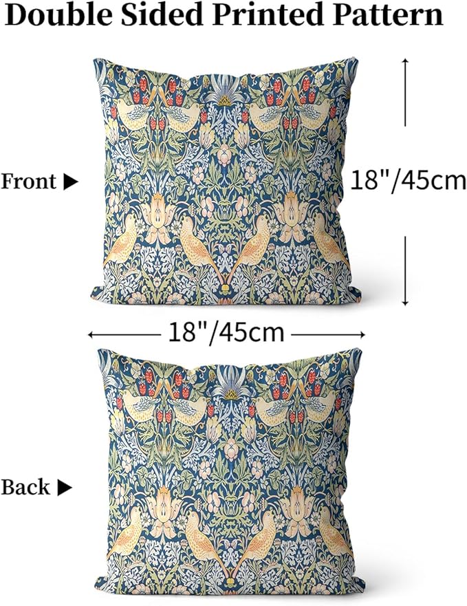 William Morris Pillow Covers 18x18 Inch Red Strawberry Birds Print Pillow Protectors with Zipper Standard Size Vintage Floral Botanical Pillow Cases Mid Century Modern Bed Pillow Covers Set of 2