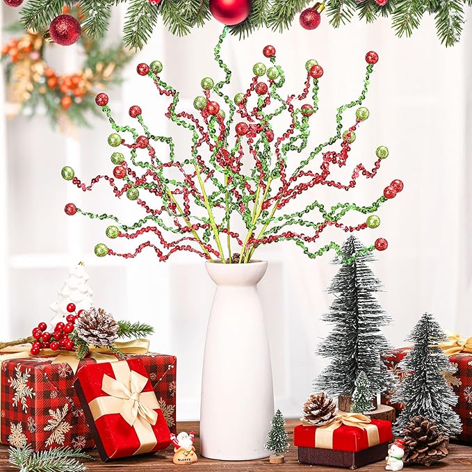 Norme 12 Pcs Red and Green Christmas Glitter Ball Tree Picks and Spray Christmas Tree Topper Decoration 13.8 Inch Artificial Glittery Curly Stem Twigs Branches for Xmas Vase Filler Craft Supplies