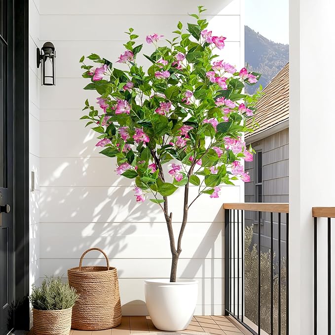 5FT Artificial Bougainvillea Tree Artificial Tree Tall Potted Fake Bougainvillea Trees for Outdoor Indoor Lifelike Potted Faux Plants with Wood Trunk and Flowers Office Wedding Home Decor