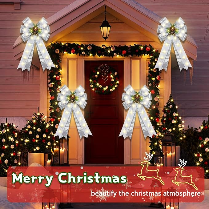 2 Pcs Pre-Light Christmas Decorative Bows for Wreath, 20 X 12” Large Christmas Tree Topper Bow with Bells, Berry, Pine Cones, 40 LED Silver Snowflake Ornament Bow for Indoor/Outdoor- White