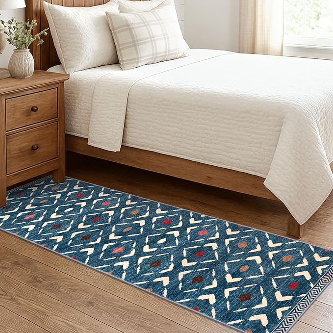 KILOCOCO Hallway Runner Rug 2'x7' Runners for Hallways Soft Washable Runner Rugs Non Slip Printed Low-Pile Runners for Bedroom Kitchen Living Room Laundry Room Boho Rugs, Teal/Blue