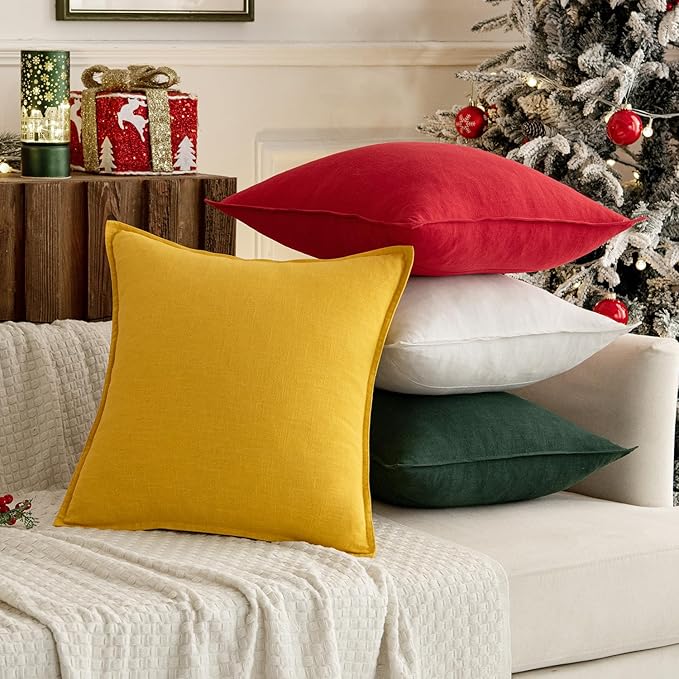 MIULEE Christmas Red/Green Linen Pillow Covers Pack of 4 Decorative Natural Solid Throw Pillow Covers Soft Accent Boho Farmhouse Couch Pillowcases Home Decors for Living Room Bed Sofa 18x18 Inch