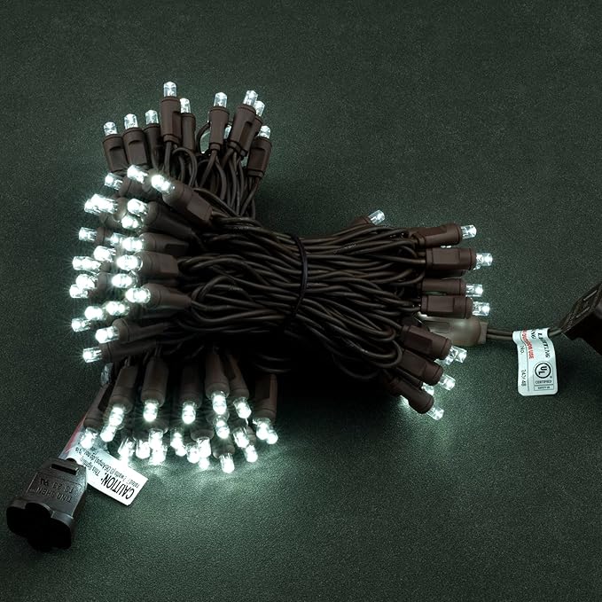 YULETIME Cool White 5MM LED Christmas Lights, 33 ft 100 Count 4" Spacing One-Piece High Waterproof Wide Angle UL Certified String Light (Cool White - Brown Wire)