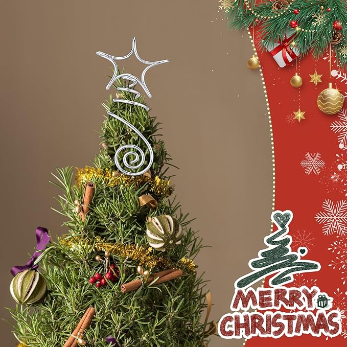 Lenwen Mini Christmas Star Tree Topper Wire Star Treetop Christmas Ornaments Decorative Metal Tree Topper for Home Office Xmas New Year Holiday Decoration (Silver)