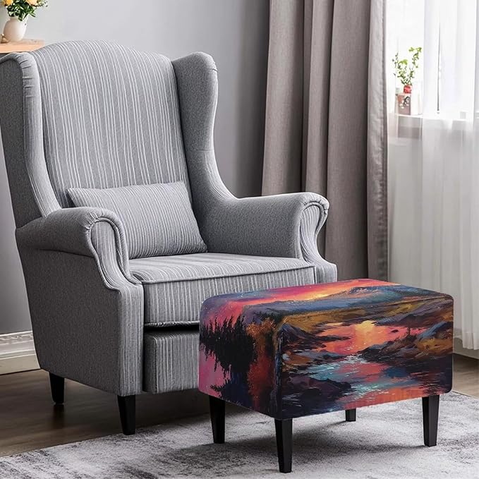 Mountain Oil Painting Ultra Soft Stretch Ottoman Cover Rectangular Ottoman Slipcover with Nonslip Elastic Band Foldable Portable Footrest Stool Cover for Travel Office Home Decor