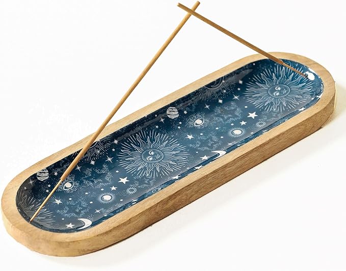 The Art Box Hand-Painted Incense Burner Holder Dark Blue - 12x4x1 inch Wooden Long Incense Stick Tray Holder for Modern Gift, Ash Catcher Incense Stick Holder - Meditation & Yoga