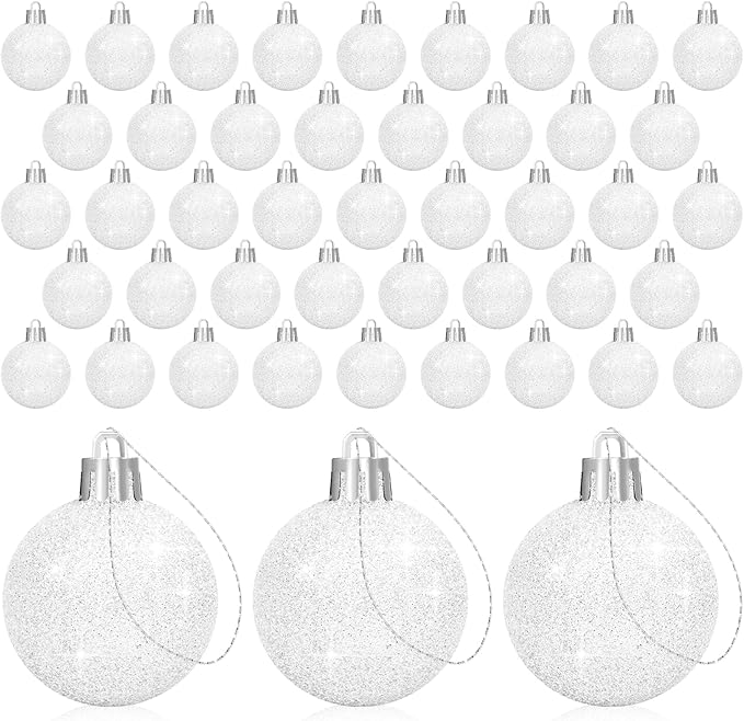 48Pcs Mini Christmas Balls Christmas Tree Decoration Ornaments Shatterproof Glitter Christmas Hanging Balls for Christmas Tree Party Wedding Indoor Outdoor Decoration(White, 1.2inch-48pcs)