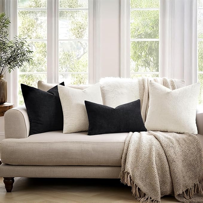MIULEE Black Couch Pillow Covers 12x20 Inch, Set of 2 Soft Chenille Decorative Lumbar Throw Pillow Covers Farmhouse for Sofa Living Room Bed