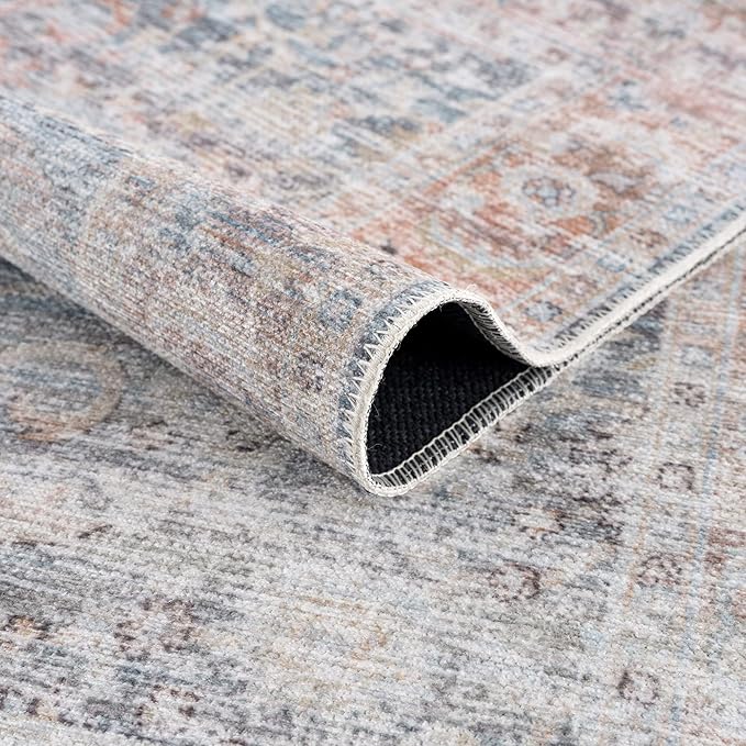 Bloom Rugs Caria Washable Non-Slip 7 ft Runner - Ocean Blue/Brick Traditional Runner for Entryway, Hallway, Bathroom, and Kitchen - Exact Size: 2'6" x 7'