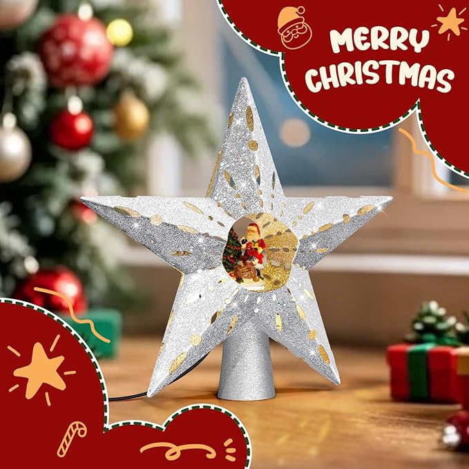 Silver Rotating Christmas Tree Topper Star with Santa Scene, 4 Warm Yellow LED Lights, Spinning Motion, Glitter Silver Finish, Tree Decoration with 9.8FT Power Cord for Holiday Home Decor