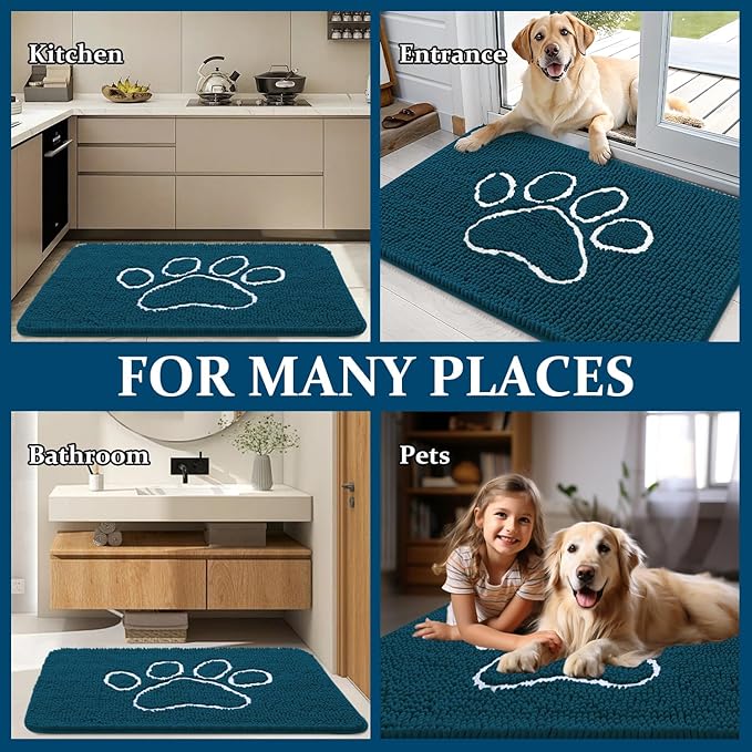 OLANLY Dog Door Mat for Muddy Paws 47x32, Paw Print Design, Absorbs Moisture and Dirt, Absorbent Non-Slip Washable Doormat, Quick Dry Chenille Mud Mat, Entry Indoor Entryway Carpet, Atlantic Blue