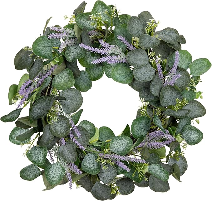 Briful Artificial Greenery Wreath 16in Eucalyptus Door Wreath with Lavender Spring Summer All Season Eucalyptus Floral Hanging Wreath for Home Wall Window Fireplace Farmhouse Decor