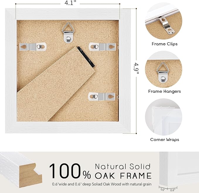 4x4 Oak Wood Picture Frame - 4"x4" Photo Frame, 4x4 Picture Frame Wood, Natural Solid Wooden Picture Frames for Wall Art Photo and Prints(3 Pack, White)