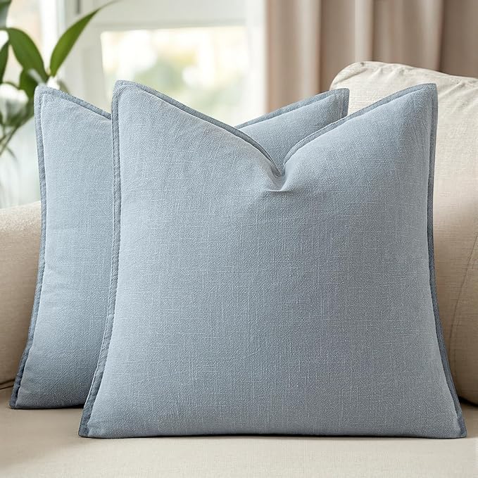Woaboy 20x20 Inch Set of 2 Decorative Linen Solid Throw Pillow Covers Boho Accent Farmhouse Couch Pillowcases Modern Netural Home Decor for Couch Sofa Living Room Bed,Light Blue