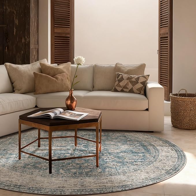 4x4 Round Living Room Rug: Washable Bedroom Rug Stain Resistant Boho Rug Non Slip Low Pile Small Carpet for Bedroom Kitchen Entryway Living Room Bedside Office Dorm Kids Room Entrance