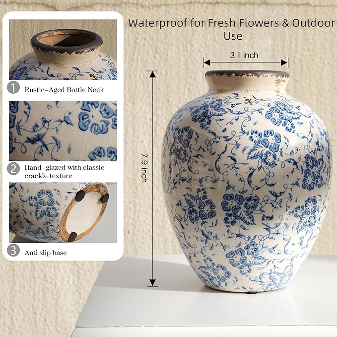Blue and White Ceramic Vase 8 Inch – Vintage Floral Pottery Vase with Crackle Glaze, Waterproof Decorative Vase for Flowers, Greenery, Small Bouquets – Farmhouse Cottage Table Shelf Decor