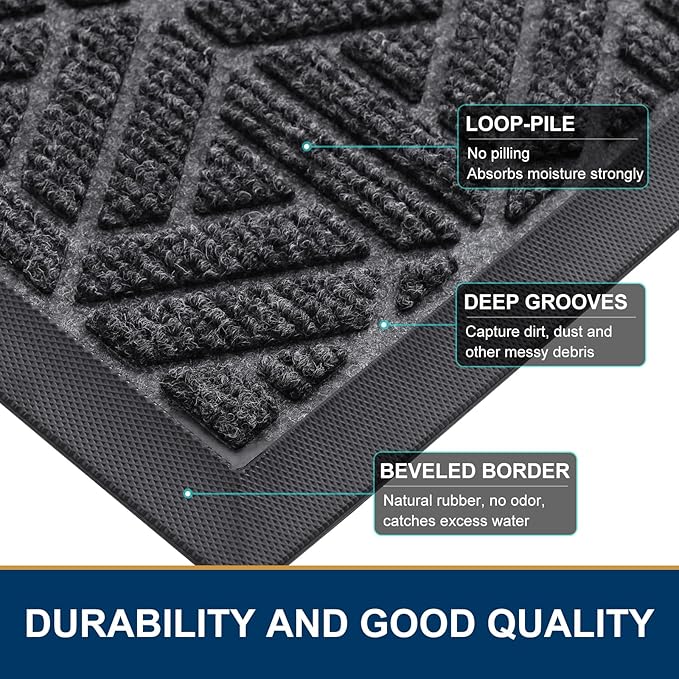 Smiry Front Door Mat Outside Entrance, Heavy Duty Sturdy Natural Rubber Doormat, Trap Dirt and Moisture, Easy Clean Low Profile Mats for Indoor Outdoor Entry, Grid Geometric (35x23, Grey)