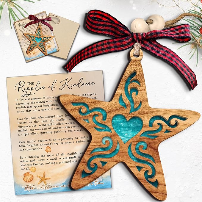 The Ripples of Kindness Starfish Ornaments, Starfish Ornaments - Starfish Christmas Ornament - Motivational Gifts, Positive Inspirational Energy Vibes Gifts for Women - Wood Ornament & Card
