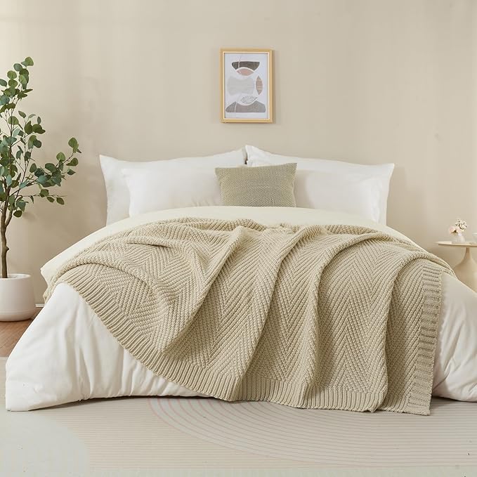 Knitted Throw Blanket 60"X80", Light Beige Knit Throws for Bed, Super Soft Boho Chevron Blankets for Couch Sofa Chair Room Decor, Textured Decorative Farmhouse Cozy Lightweight