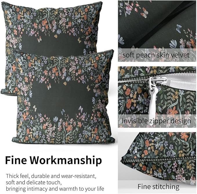 Floral Pillow Protectors with Zipper Standard Size Boho Colorful Wildflowers Pillow Covers Set of 2 Moody Black King Size Pillowcases Rustic Butterfly Farmhouse Bedding Decorative 36"x20"
