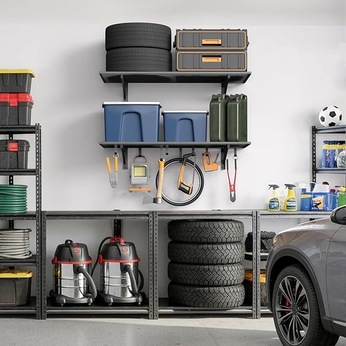 2-Pack 2x4ft Garage Shelving Wall Mounted, 2' x 4' Heavy Duty Garage Storage Shelves with Hooks, 500LB Capacity