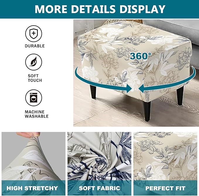 KRFOONN Stretch Ottoman Cover Slipcovers Rectangle Fit Length 55"-63" Footrest Stool Covers Printed Ottoman Cover for Foot Stool Furniture Protector with Non Slip Elastic Bottom, Color 04