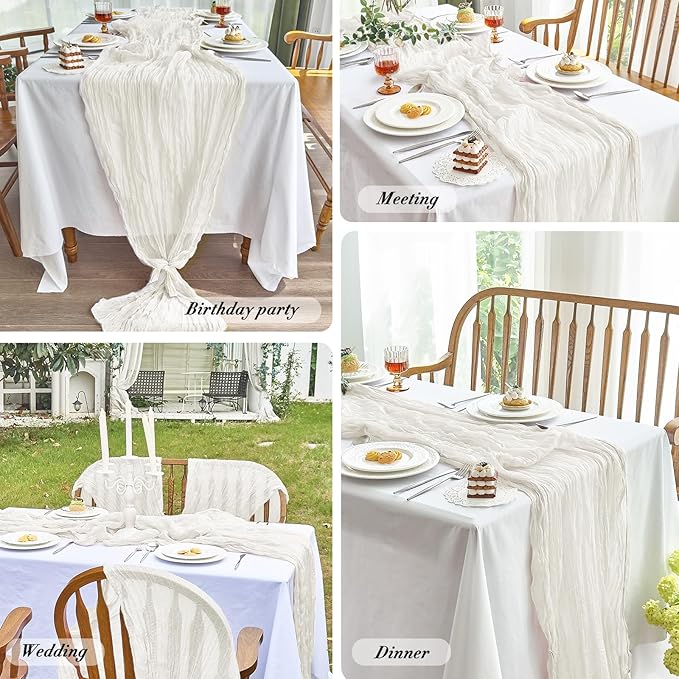 IVAPUPU 2 Pcs Cheesecloth Table Runner - 10ft Ivory White Boho Gauze Cheese Cloth Table Runners for Baby Shower Decoration Wedding Party Summer Garden Farmhouse Decor