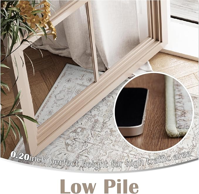 jinchan Lima Hallway Runner Rug 3x8 Washable - Vintage Floral Non Slip Low-Pile Soft Ultra-Thin Faux Wool Kitchen Rug Distressed Carpet Runner for Farmhouse Bedroom Laundry (3x8ft, Taupe)