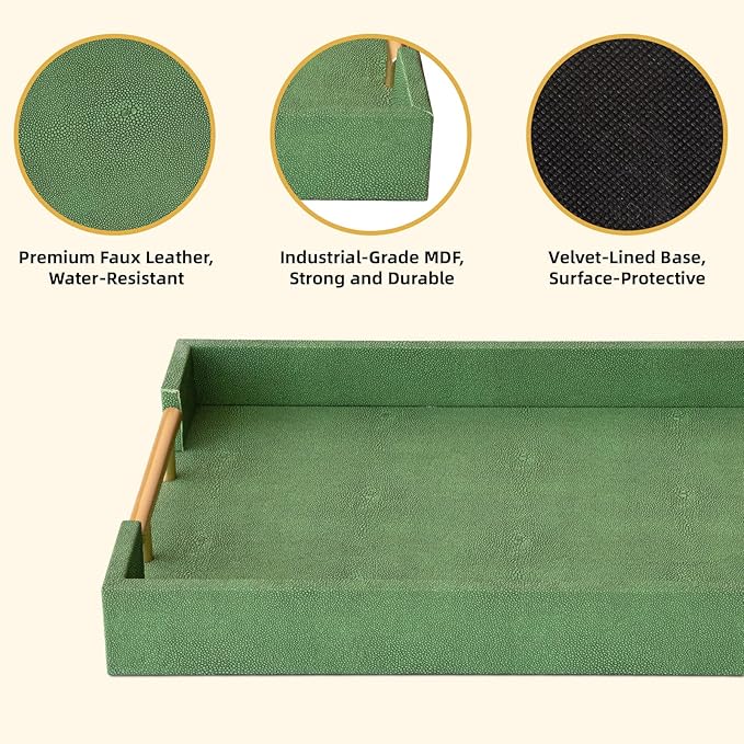 Decorative Tray Set of 2, Green Shagreen Leather Tray, Modern Elegant Rectangle Serving Trays with Gold Polished Metal Handles, Ottoman Trays Coffee Table Perfume Kitchen Home Decor