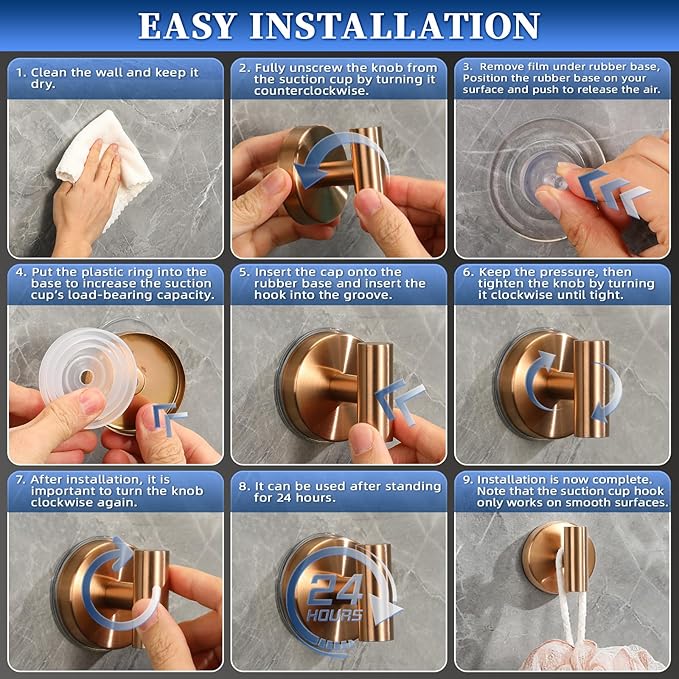 Heavy Duty Reusable Suction Cup Hooks for Shower - No Drill Bathroom/Glass/Mirror/Tiles & Metal Surfaces,and Smooth Non-Porous Surfaces for Towels, Robes, Loofahs (2, Champagne Bronze)