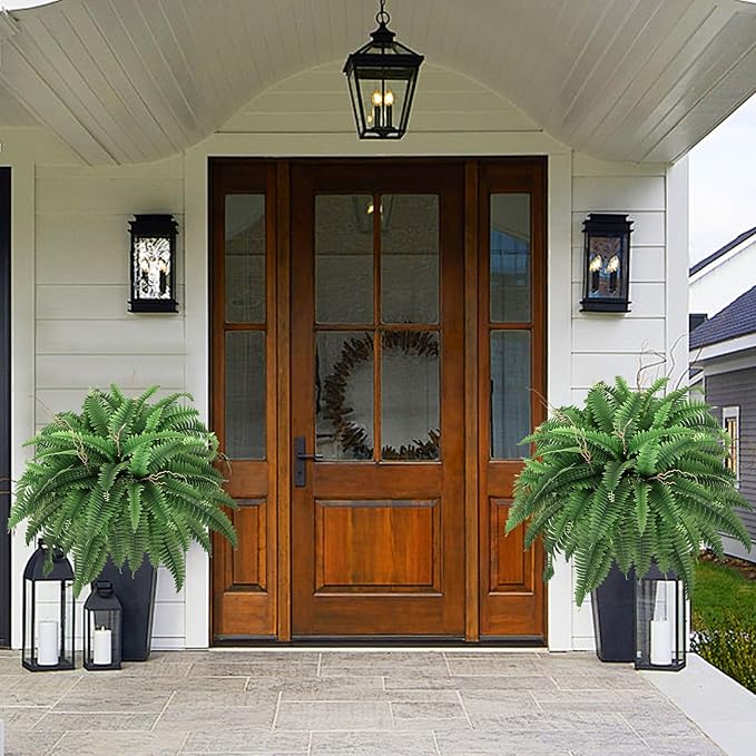 42” Artificial Boston Fern Bush Plant, 2 Faux Ferns for Outdoors Large, Fake Ferns Realistic Artificial Plants with 65 Fronds for Garden Porch Patio Home Office Living Room Decor Green