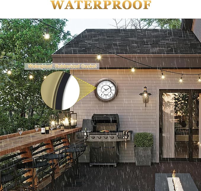 Illuminated Large Metal Outdoor Clocks Waterproof 18 Inches With AI Auto Light Smart Sensor,Extra Big Indoor Outdoor Wall Clocks With Thermometer & Hygrometer for Patio, Pool, Garden,Porch