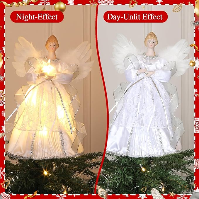 12.5" Angel Christmas Tree Topper with Lights, Lighted Angel Tree Topper with White Feather Wings and Star Light, Remote Control, Timer & USB Powered for Indoor Holiday Tree Decoration