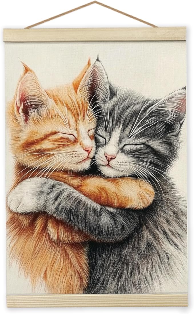 Giosve Cat Wall Art Framed Decor, Cute Cat Poster, Cute Canvas Wooden Frames Poster Hanging Wall Art Decor for Home Bedroom Living Room, 12x16 inch