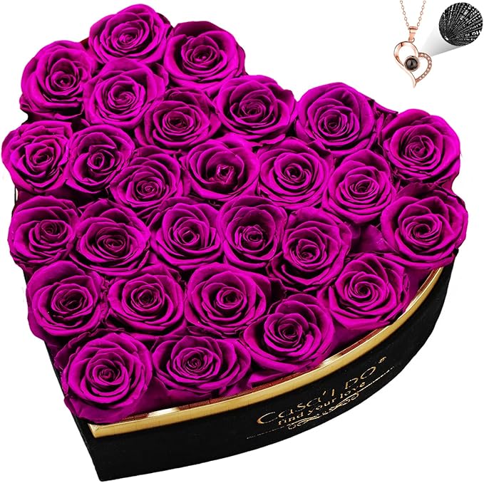 Preserved Roses Flowers for Delivery 27 Pcs, Forever Flores in Heart Box with Necklace, Eternal Rose Anniversary Birthday Gift for Women Wife Girlfriend, Rosas for Valentines Christmas, Purple