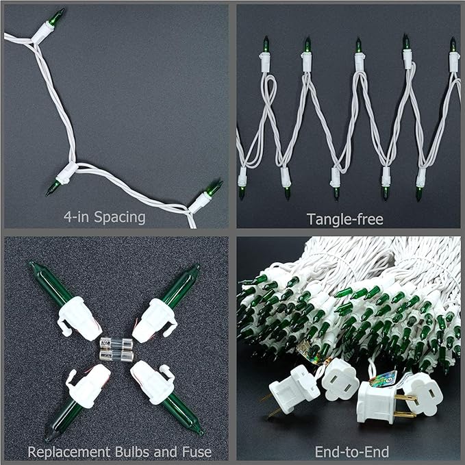 YULETIME 200 Green Christmas Lights, Pack of 2 Sets 33 Feet 100 Count UL Certified Incandescent String Lights (Green - White Wire)