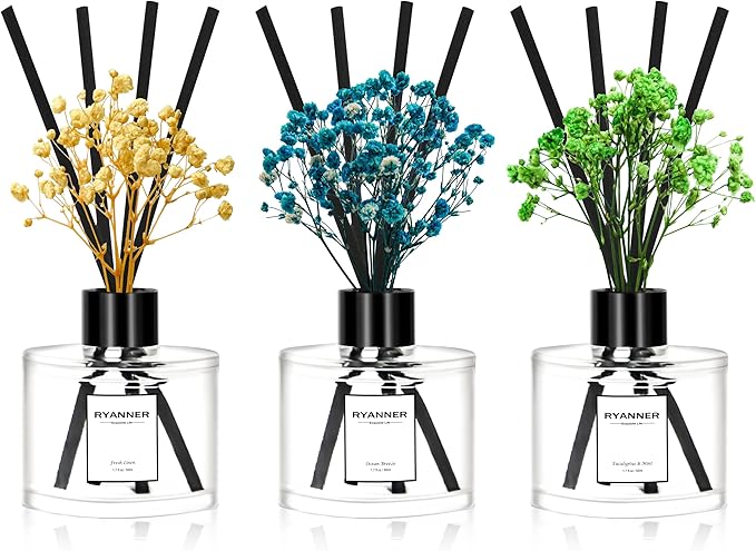 Reed Diffuser Set of 3 Pack,Fresh Linen/Ocean Breeze/Eucalyptus & Mint Scented Oil Diffuser with 12 Sticks(1.7 fl oz Each Pack),Air Freshener for Bedroom Bathroom Office | Shelf Decor
