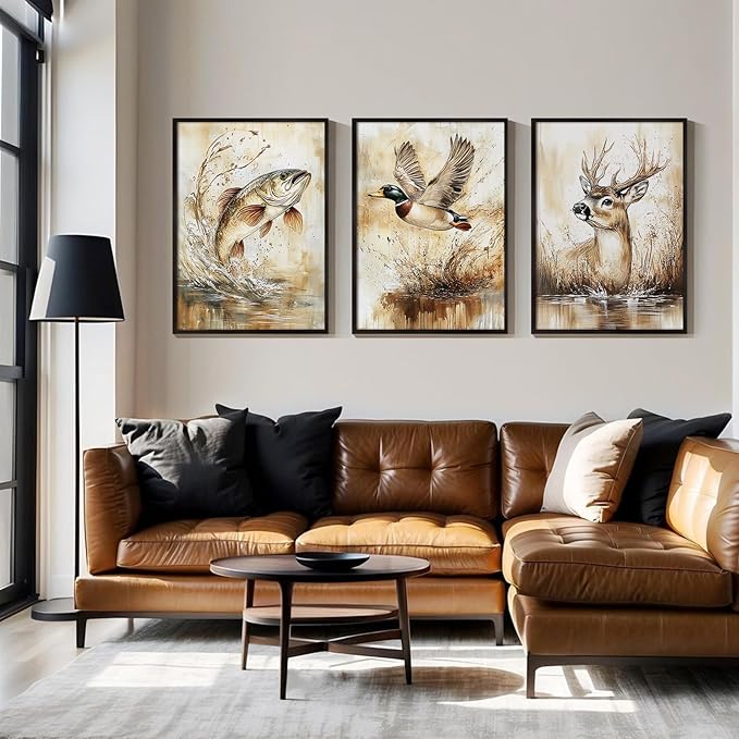 Vintage Animal Wall Art Baby Boy Room Canvas Wall Decor Farmhouse Animal Posters Kids Nursery Hunting Art Prints Rustic Deer Fish Pictures Mallard Duck Painting for Bedroom 12x16 Inch Unframed 3pcs