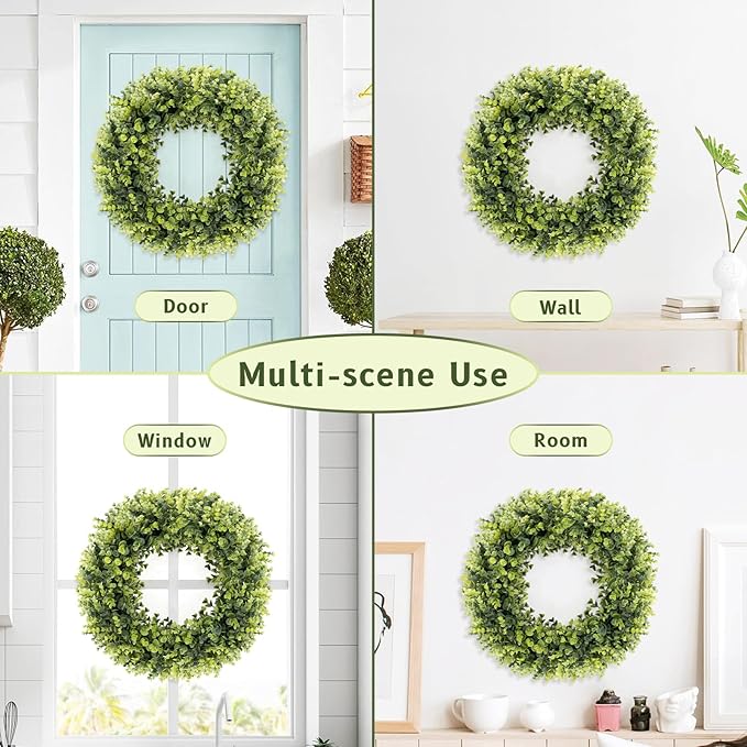24In Large Boxwoods Door Wreaths for Front Door Spring Summer Outside All Season Green Year Round Artificial Greenery Wreath for Wall Window Rustic Farmhouse Home Outdoor Indoor Decorations