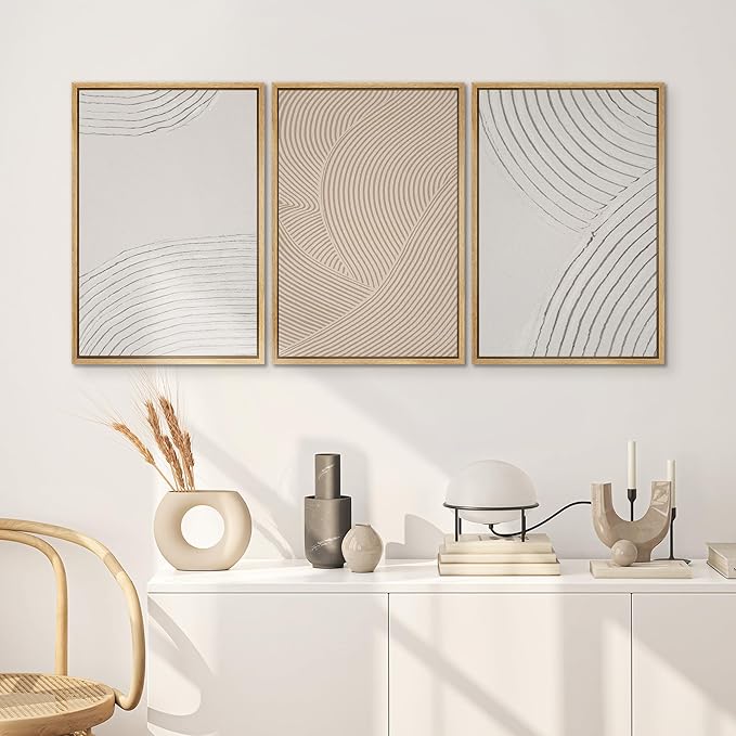 SIGNWIN Framed Canvas Print Wall Art Set Geometric Pastel Spiral Circles Shapes Abstract Illustrations Modern Art Decorative Nordic Chic Calm/Zen for Living Room, Bedroom, Office - 24"x36"x3 Natural