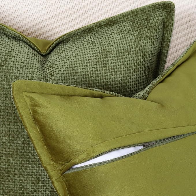 MADIZZ Chenille Velvet Throw Pillow Covers with Flange Set of 2 Super Soft Boho Textured Pillow Covers Decorative Throw Pillowcases Modern Farmhouse Home Decor for Sofa Bedroom Moss Green 18x18 Inch